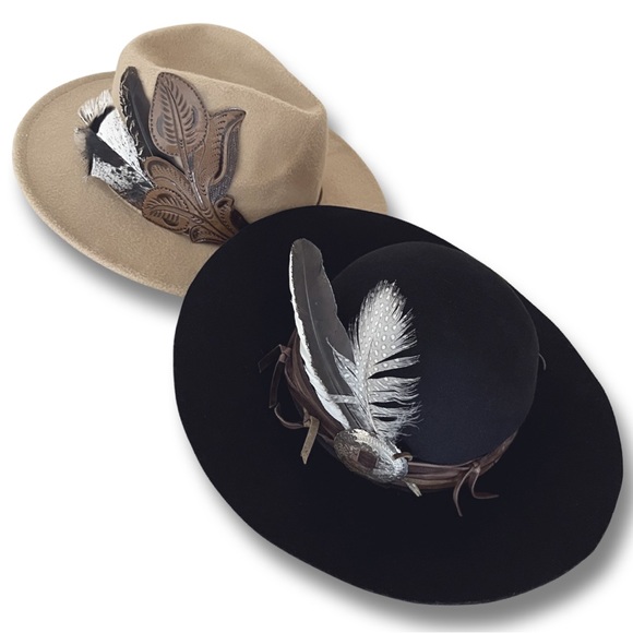 Black Wool Brimmed Hat with Leather Hatband Vintage Concho and Genuine Feathers main image 4